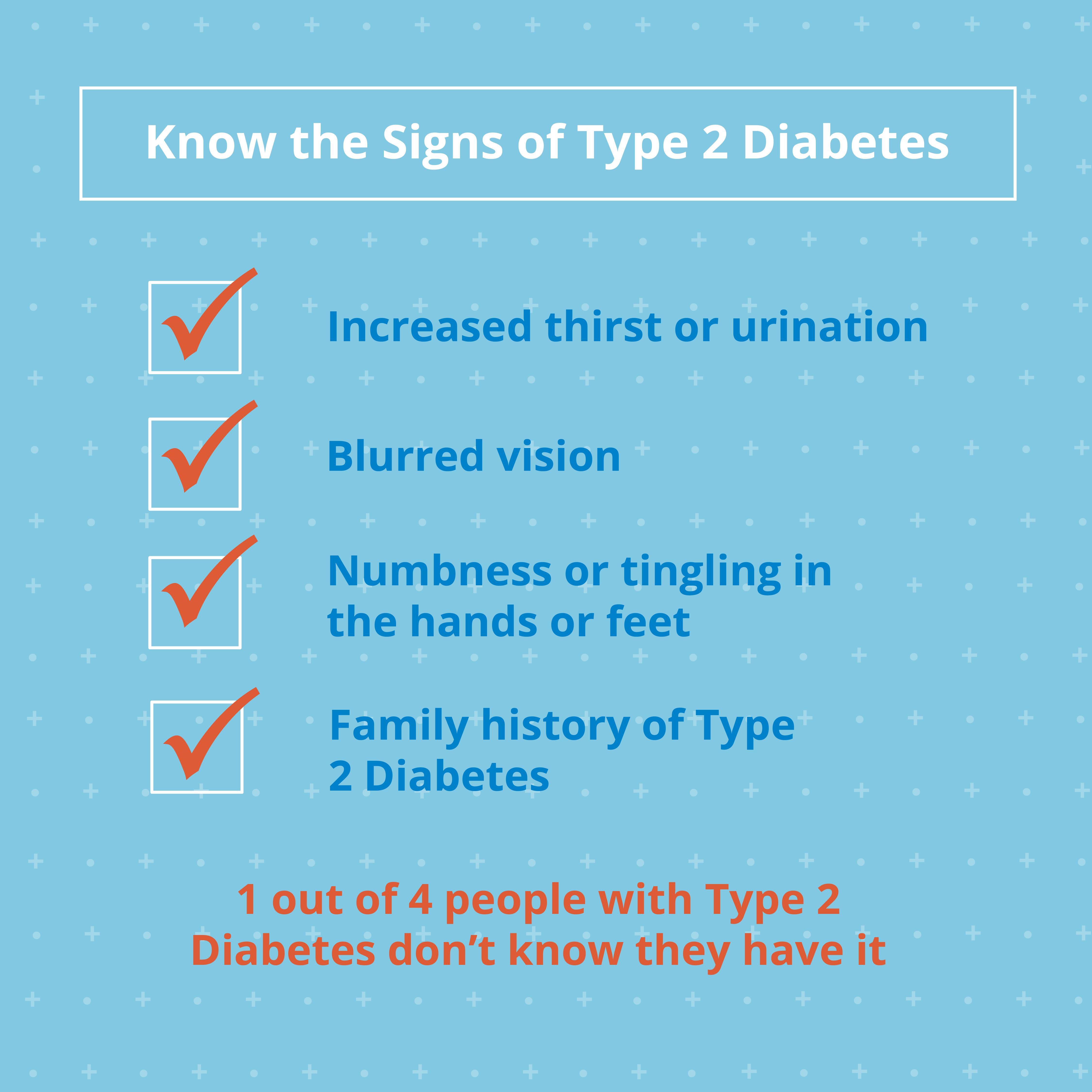 Know the signs of type 2 diabetes: increased thirst or urination, blurred vision, numbness in hands or feet, family history of type 2 diabetes