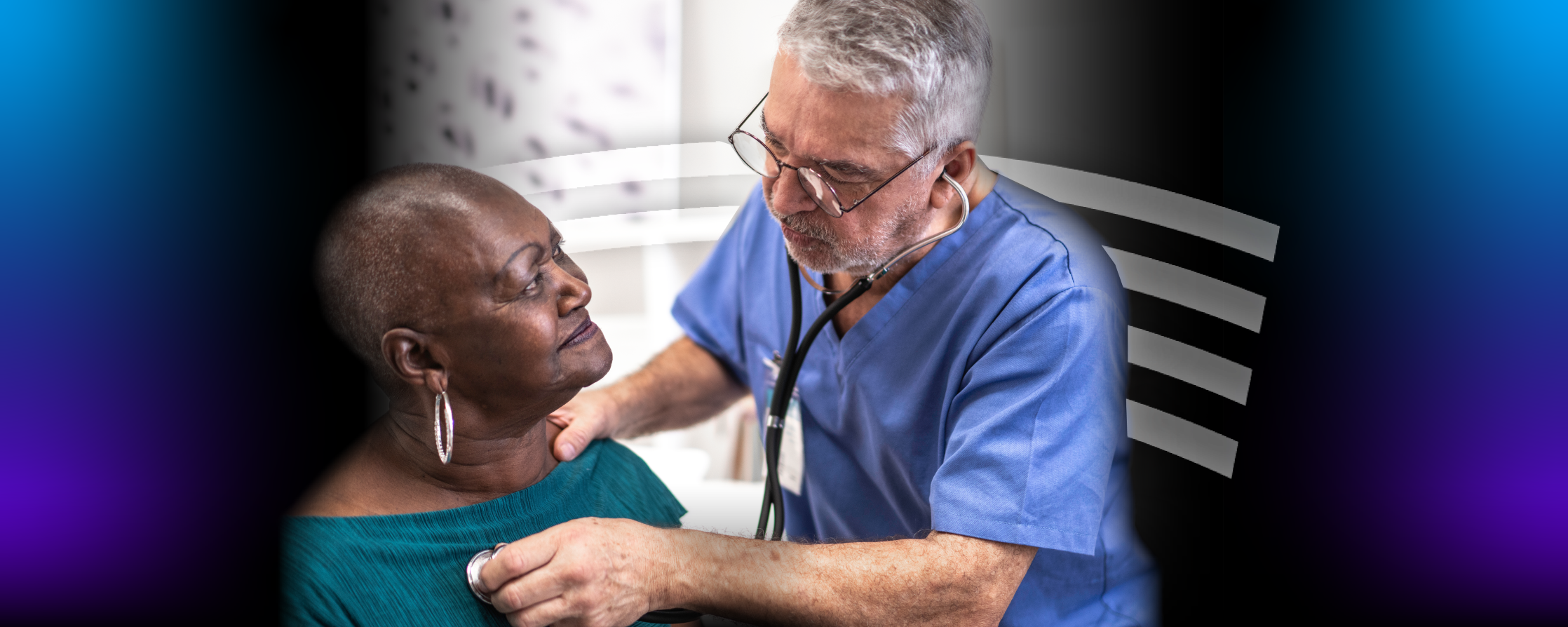 male physician listening to a female patient's heart with a stethoscope