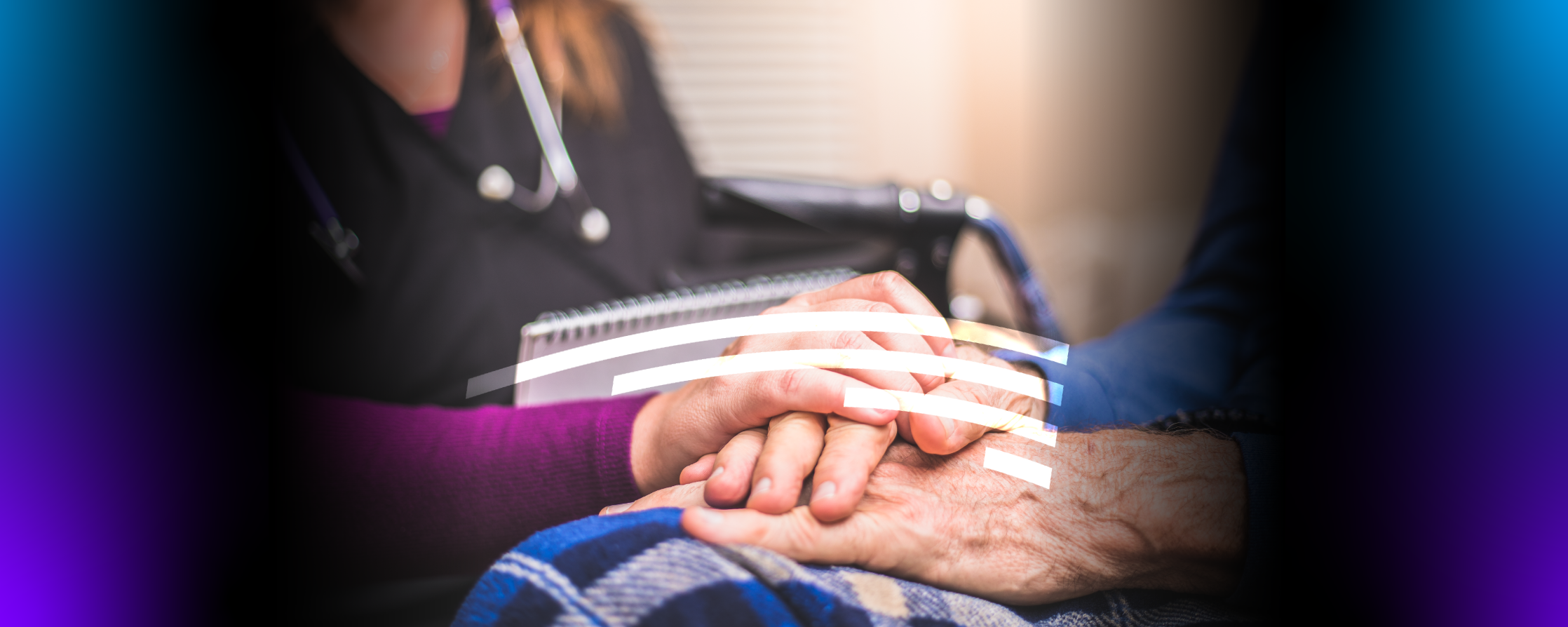 medical provider comforting senior by holding their hand