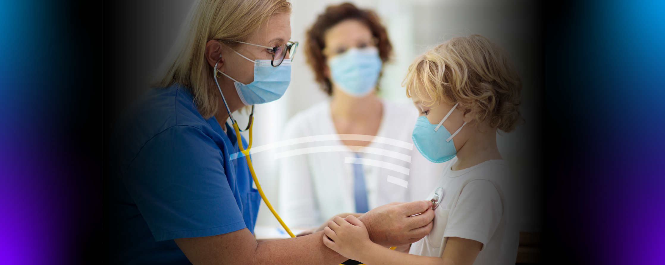 female medical provider checking a little boy with his mom looking on