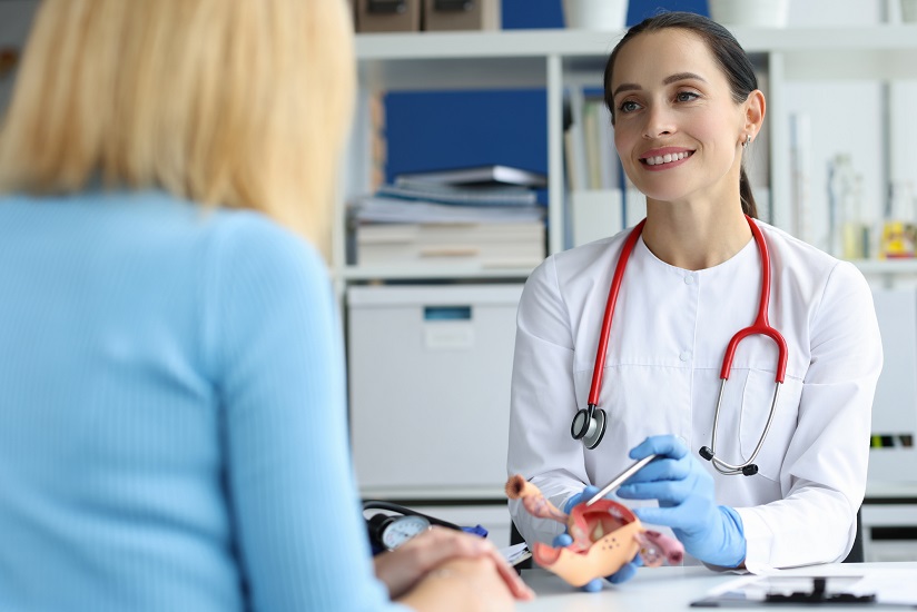 Doctor showing uterus model to patient