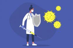 Young female doctor fighting the virus with a sword and shield, healthcare, the immune system, vaccination